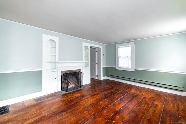 unfurnished living room with visible vents, ornamental molding, baseboard heating, and a fireplace