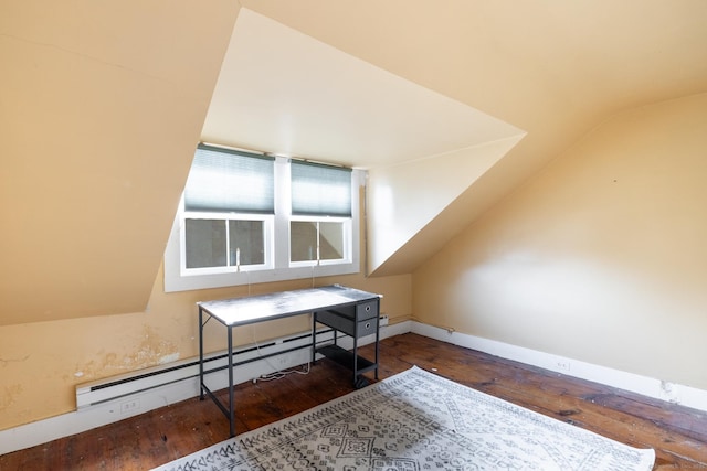 additional living space featuring baseboards, a baseboard heating unit, lofted ceiling, and hardwood / wood-style floors