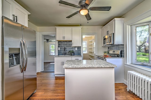 kitchen with ceiling fan, radiator heating unit, dark wood-style floors, a sink, and appliances with stainless steel finishes