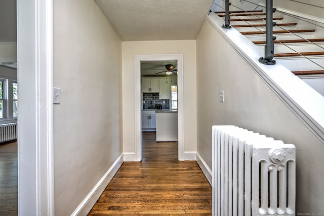 53 Bina Ave, Windsor, CT 06095 - corridor featuring radiator heating unit, dark wood-type flooring, baseboards, and a textured ceiling