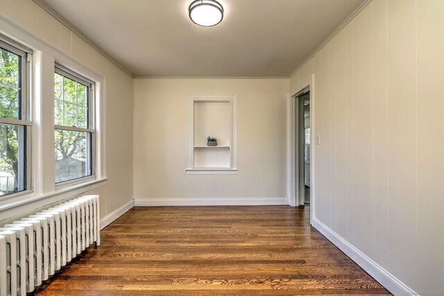 53 Bina Ave, Windsor, CT 06095 - unfurnished room with radiator, dark wood finished floors, baseboards, ornamental molding, and built in shelves