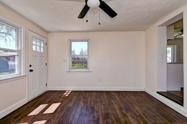 53 Bina Ave, Windsor, CT 06095 - foyer with ceiling fan, dark wood-type flooring, baseboards, ornamental molding, and a textured ceiling