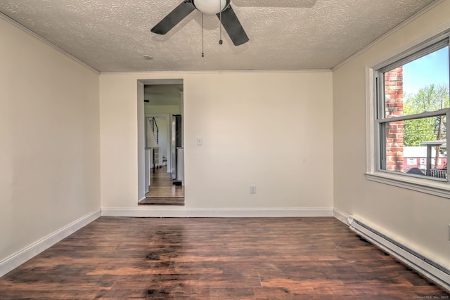 53 Bina Ave, Windsor, CT 06095 - empty room featuring a baseboard radiator, a textured ceiling, crown molding, wood finished floors, and ceiling fan