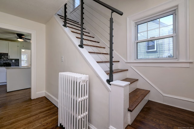 53 Bina Ave, Windsor, CT 06095 - staircase featuring radiator, wood finished floors, plenty of natural light, and baseboards