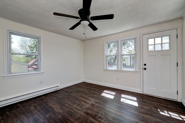 53 Bina Ave, Windsor, CT 06095 - foyer entrance with a baseboard radiator, healthy amount of natural light, dark wood finished floors, a textured ceiling, and a ceiling fan