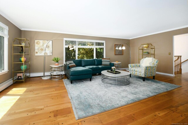 8 Oak Ln, Weston, CT 06883 - living room featuring light wood-type flooring, baseboards, and ornamental molding