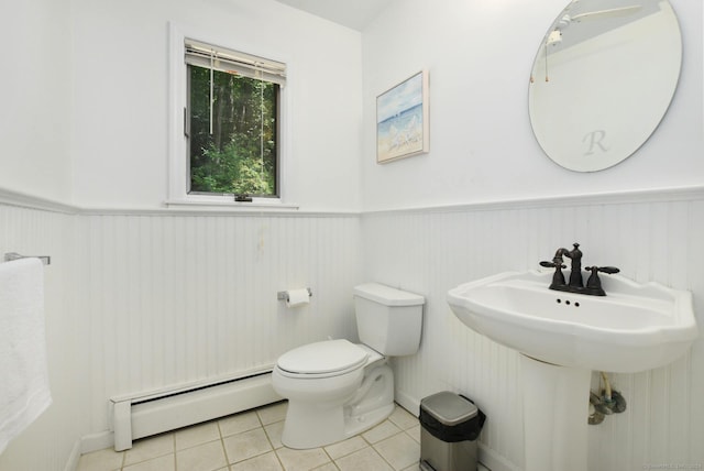 8 Oak Ln, Weston, CT 06883 - bathroom with a sink, toilet, wainscoting, tile patterned flooring, and a baseboard radiator