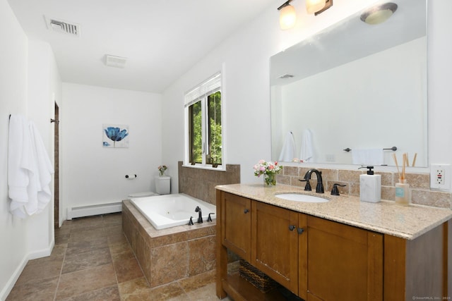 8 Oak Ln, Weston, CT 06883 - bathroom with a baseboard heating unit, a bath, vanity, baseboards, and visible vents