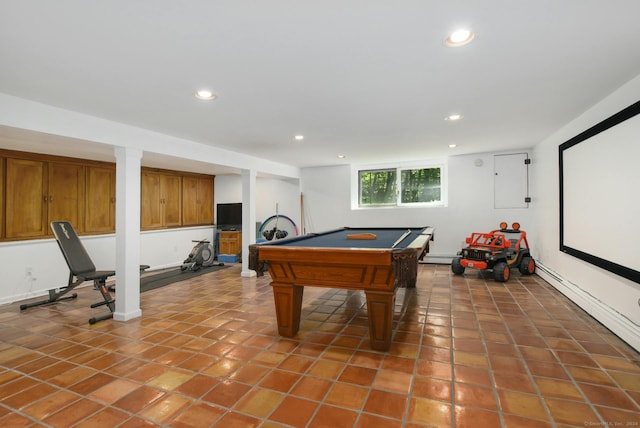 8 Oak Ln, Weston, CT 06883 - playroom featuring baseboard heating, a baseboard radiator, billiards, tile patterned flooring, and recessed lighting