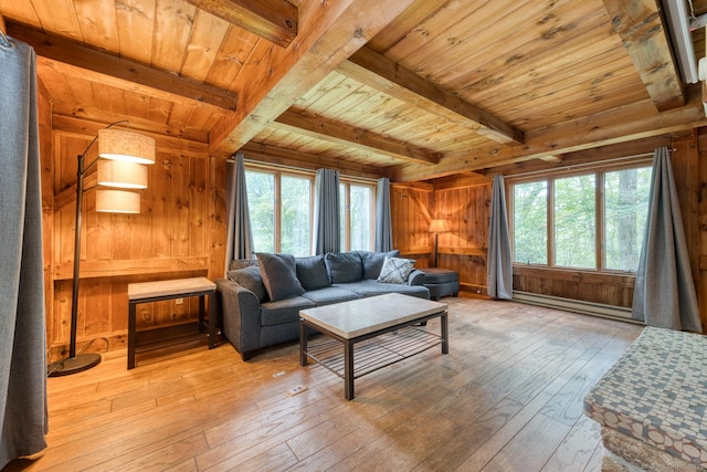 615 Jackson St, Thomaston, CT 06787 - living area featuring a baseboard radiator, light wood-type flooring, a wood ceiling with exposed beams, and wooden walls
