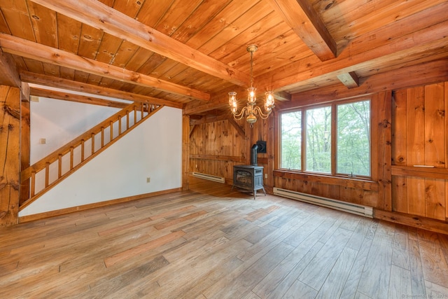 615 Jackson St, Thomaston, CT 06787 - unfurnished living room featuring a baseboard radiator, a wooden ceiling with exposed beams, a wood stove, hardwood / wood-style floors, and stairs