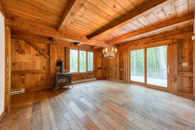 615 Jackson St, Thomaston, CT 06787 - unfurnished living room with a baseboard radiator, a chandelier, a wooden ceiling with exposed beams, hardwood / wood-style floors, and plenty of natural light
