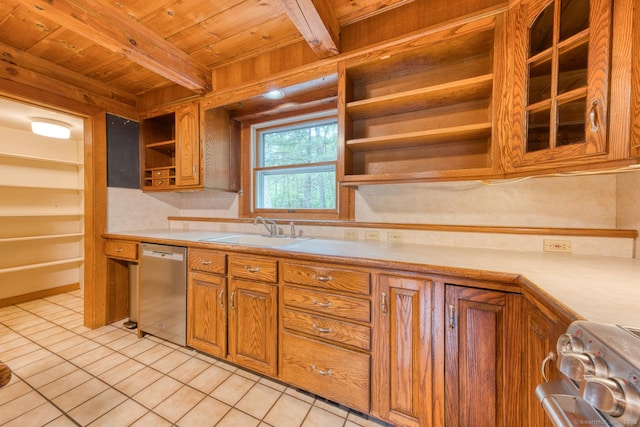 615 Jackson St, Thomaston, CT 06787 - kitchen with stainless steel dishwasher, open shelves, a wood ceiling with exposed beams, light countertops, and light tile patterned floors