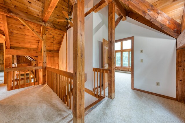 615 Jackson St, Thomaston, CT 06787 - hall with carpet flooring, wood ceiling, and an upstairs landing