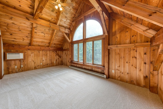 615 Jackson St, Thomaston, CT 06787 - additional living space with baseboard heating, wooden ceiling, an AC wall unit, wood walls, and carpet