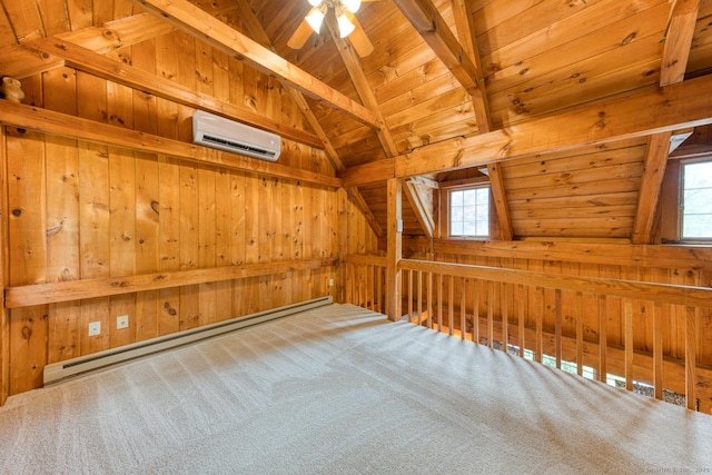 615 Jackson St, Thomaston, CT 06787 - additional living space featuring a wall unit AC, wooden ceiling, wooden walls, baseboard heating, and plenty of natural light