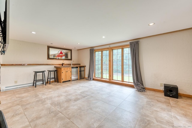 615 Jackson St, Thomaston, CT 06787 - kitchen with recessed lighting, dishwasher, a baseboard radiator, a breakfast bar, and light tile patterned floors