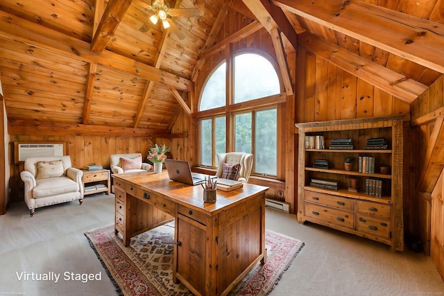 615 Jackson St, Thomaston, CT 06787 - office area with a wooden ceiling with exposed beams, wooden walls, light colored carpet, a baseboard radiator, and an AC wall unit