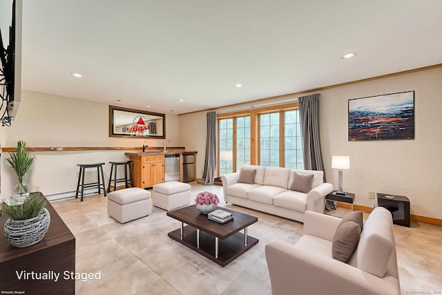 615 Jackson St, Thomaston, CT 06787 - living room with wet bar, recessed lighting, and a baseboard heating unit