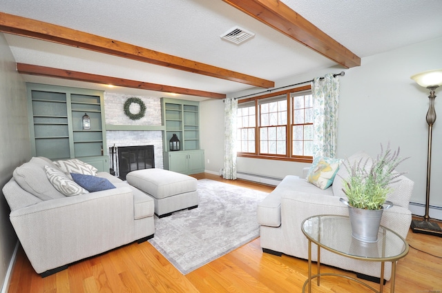 187 Hollister Dr, Avon, CT 06001 - living room with a baseboard heating unit, visible vents, beamed ceiling, wood finished floors, and a fireplace