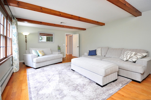 187 Hollister Dr, Avon, CT 06001 - living area featuring a baseboard heating unit, visible vents, light wood-style floors, and beamed ceiling
