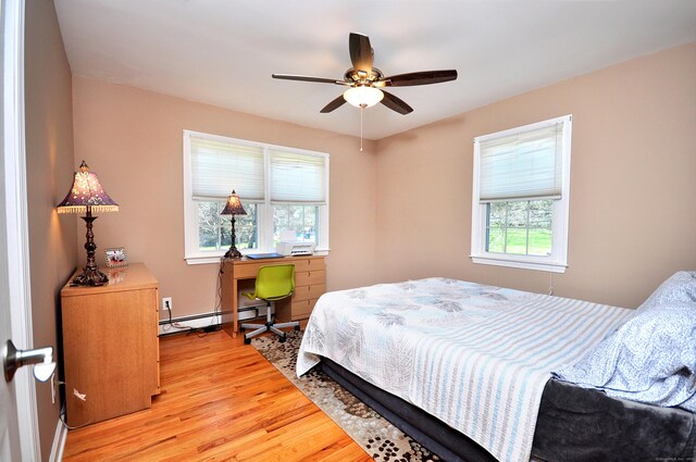 bedroom featuring ceiling fan, light wood finished floors, and baseboard heating