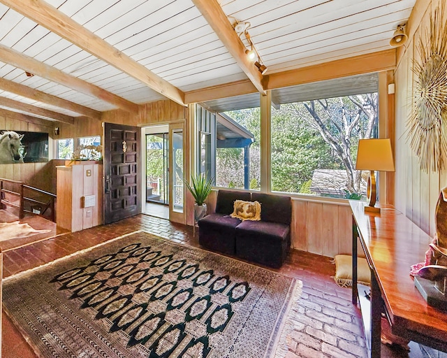 1177 Rock Rimmon Rd, Stamford, CT 06903 - sunroom with beam ceiling, a healthy amount of sunlight, and track lighting