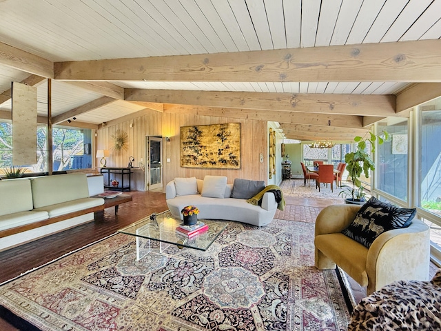 1177 Rock Rimmon Rd, Stamford, CT 06903 - living room with wood walls, a notable chandelier, vaulted ceiling with beams, and wooden ceiling