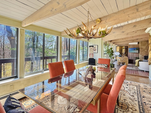 1177 Rock Rimmon Rd, Stamford, CT 06903 - dining space with a chandelier, wooden ceiling, wooden walls, and beam ceiling