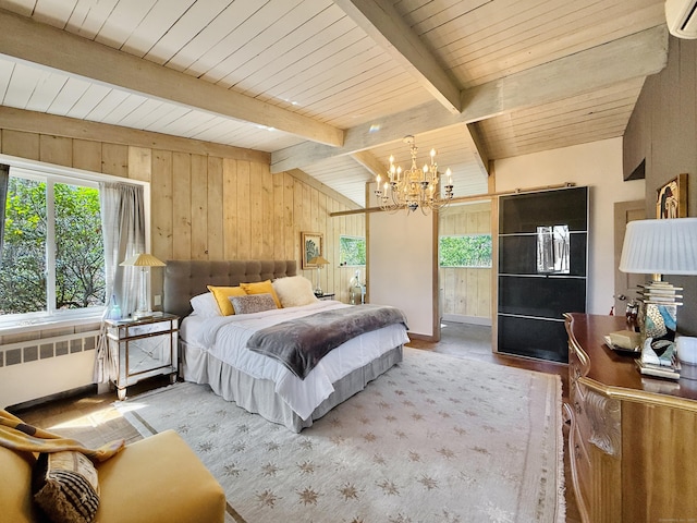 1177 Rock Rimmon Rd, Stamford, CT 06903 - bedroom with an inviting chandelier, vaulted ceiling with beams, wooden walls, radiator heating unit, and wood ceiling