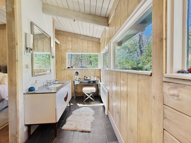 1177 Rock Rimmon Rd, Stamford, CT 06903 - bathroom with wood ceiling, wood walls, radiator, beam ceiling, and vanity
