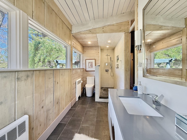 1177 Rock Rimmon Rd, Stamford, CT 06903 - bathroom with wood walls, a shower stall, beamed ceiling, and wooden ceiling