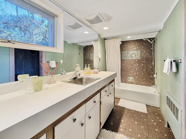 1177 Rock Rimmon Rd, Stamford, CT 06903 - bathroom with tile patterned floors, visible vents, shower / bath combination with curtain, and vanity