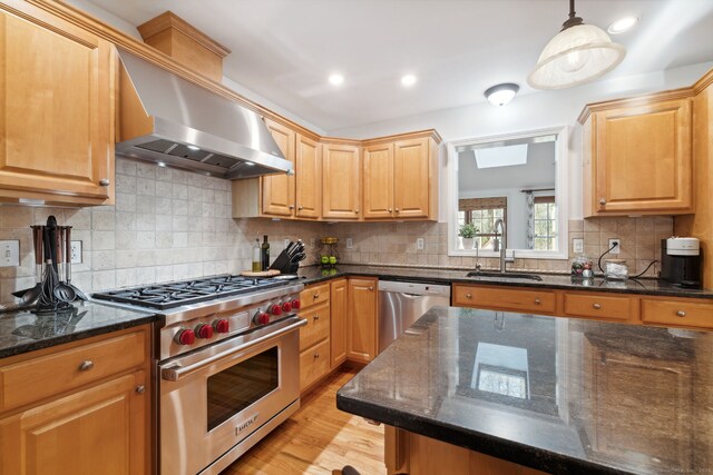 kitchen with tasteful backsplash, a sink, appliances with stainless steel finishes, light wood finished floors, and wall chimney exhaust hood