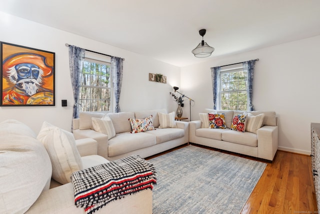 living area with baseboards, wood finished floors, and a wealth of natural light