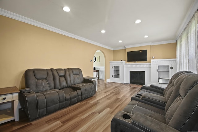 3 Cedar Crest Pl, Norwalk, CT 06854 - living room with recessed lighting, light wood-style flooring, baseboards, a fireplace with flush hearth, and crown molding