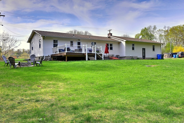 245 Paradise Ave, Hamden, CT 06514 - rear view of property with a lawn, a fire pit, a wooden deck, and a chimney