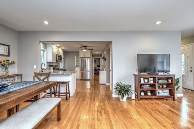245 Paradise Ave, Hamden, CT 06514 - dining room featuring light wood-style floors, baseboards, a ceiling fan, and recessed lighting