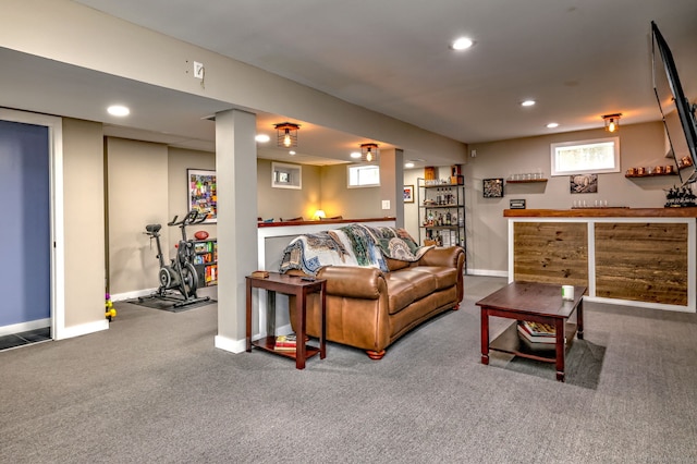 245 Paradise Ave, Hamden, CT 06514 - living room with a bar, recessed lighting, baseboards, and carpet flooring