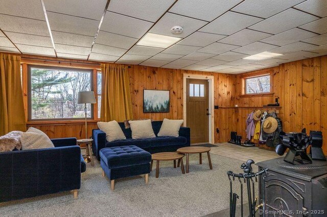 43 Greene Ave, North Canaan, CT 06018 - carpeted living room featuring wooden walls