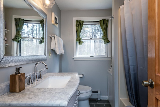 43 Greene Ave, North Canaan, CT 06018 - bathroom featuring a baseboard heating unit, tile patterned floors, toilet, a shower with shower curtain, and vanity