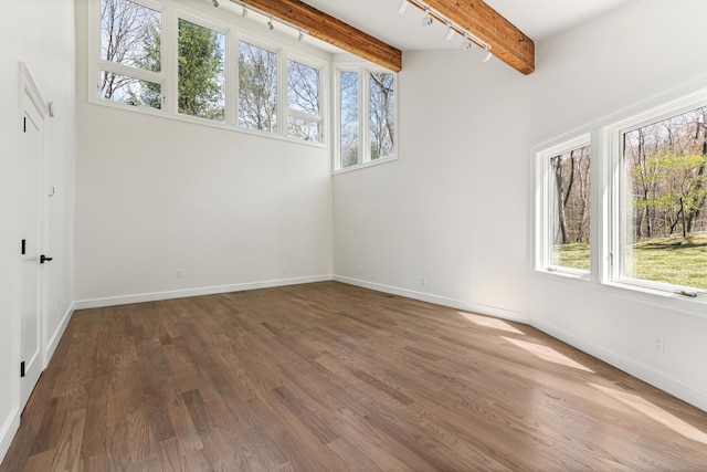interior space with beamed ceiling, plenty of natural light, and wood finished floors