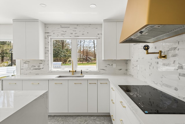 kitchen featuring backsplash, black electric stovetop, exhaust hood, and a sink