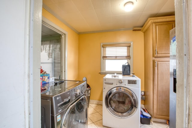 203 Westminster St, Hartford, CT 06112 - laundry room with independent washer and dryer, cabinet space, light tile patterned floors, and ornamental molding