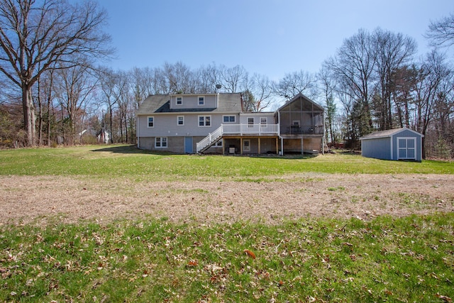 95 Hop Brook Rd, Simsbury, CT 06070 - back of property featuring stairway, a yard, a sunroom, and a wooden deck