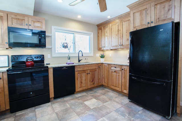 95 Hop Brook Rd, Simsbury, CT 06070 - kitchen with black appliances, a sink, ceiling fan, light stone countertops, and recessed lighting