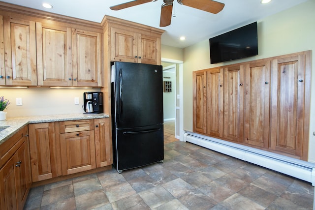 95 Hop Brook Rd, Simsbury, CT 06070 - kitchen featuring freestanding refrigerator, baseboard heating, a ceiling fan, stone finish floors, and light stone countertops