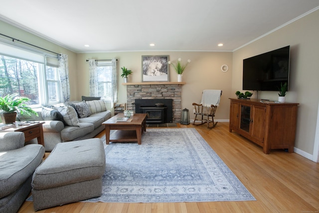 95 Hop Brook Rd, Simsbury, CT 06070 - living room featuring ornamental molding, light wood finished floors, baseboards, and recessed lighting