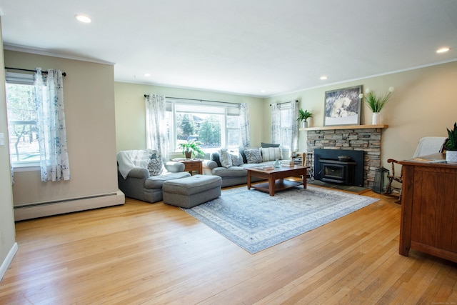 95 Hop Brook Rd, Simsbury, CT 06070 - living area featuring a baseboard radiator, light wood-style floors, ornamental molding, plenty of natural light, and recessed lighting