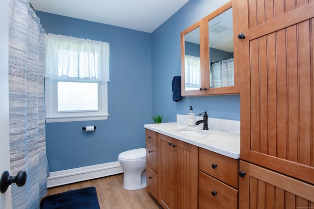 95 Hop Brook Rd, Simsbury, CT 06070 - bathroom with a baseboard radiator, toilet, vanity, wood finished floors, and baseboards